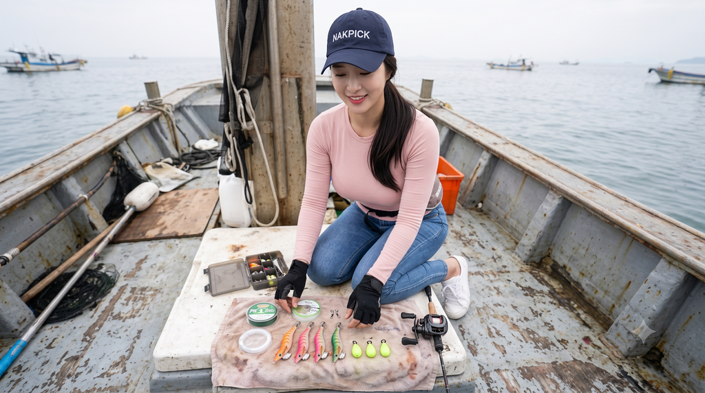 쭈꾸미 낚시 준비물인 선상 낚싯대, 베이트릴, PE 합사, 에기, 야광 봉돌을 펼쳐 놓은 모습