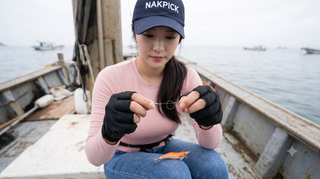 낚싯줄이 끊어졌을 때 도래에 낚싯줄을 묶어 매듭을 짓는 손 클로즈업