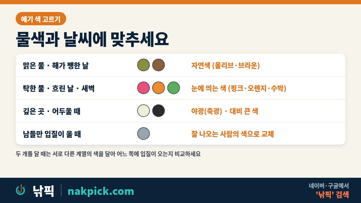 에기 색 고르기 표: 맑은 물·해가 쨍한 날은 자연색(올리브·브라운), 탁한 물·흐린 날·새벽은 핑크·오렌지·수박, 깊은 곳·어두울 때는 야광(축광)·대비 큰 색, 남들만 입질이 올 때는 잘 나오는 사람의 색으로 교체