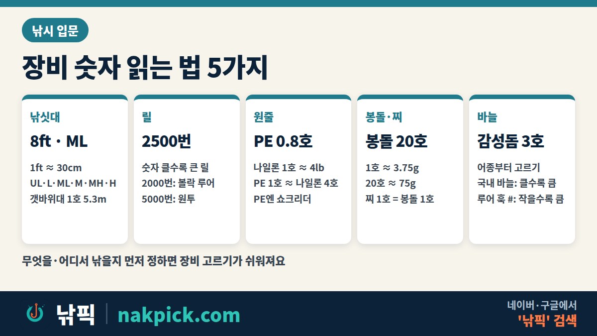 낚시 입문 장비 숫자 읽는 법 5가지: 낚싯대, 릴 번수, 원줄 호수, 봉돌·찌 호수, 바늘 호수