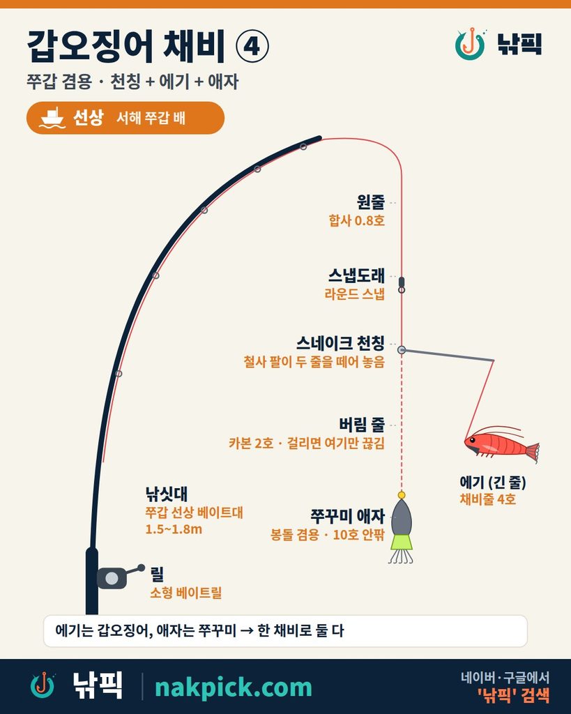 갑오징어 채비 ④ 쭈갑 겸용 구성도: 스네이크 천칭, 에기, 버림 줄, 쭈꾸미 애자