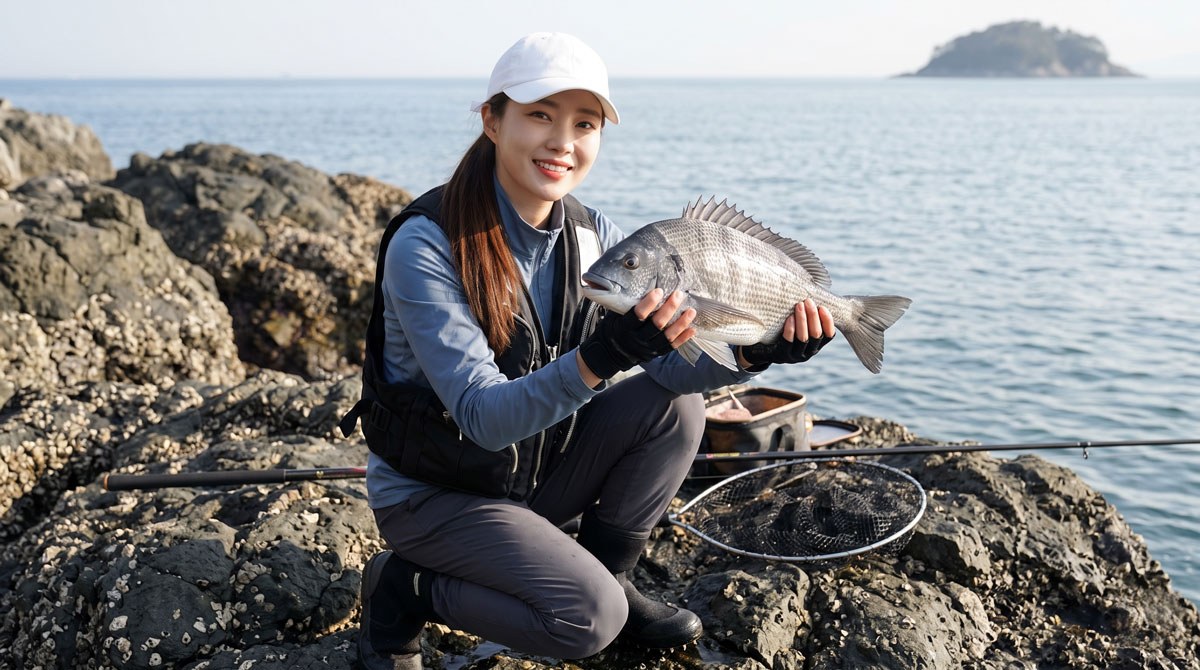 11월 낚시 추천, 남해 갯바위에서 잡은 감성돔을 들어 보이며 웃는 낚시꾼