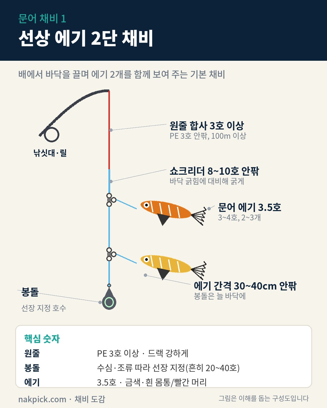 문어 채비 1 선상 에기 2단 채비 구성도: 합사 3호 원줄, 쇼크리더, 삼각도래 2개에 문어 에기 2개, 맨 아래 봉돌