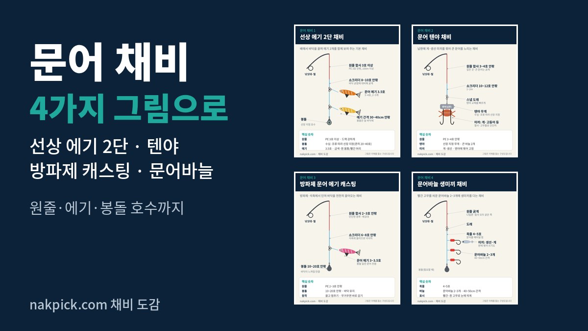 문어 채비 4가지 그림 모음: 선상 에기 2단, 텐야, 방파제 에기 캐스팅, 문어바늘 생미끼 채비