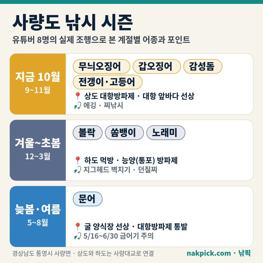 사량도 낚시 시즌 한눈에 보기, 가을 무늬오징어·갑오징어, 겨울 볼락·쏨뱅이, 여름 문어와 대표 포인트