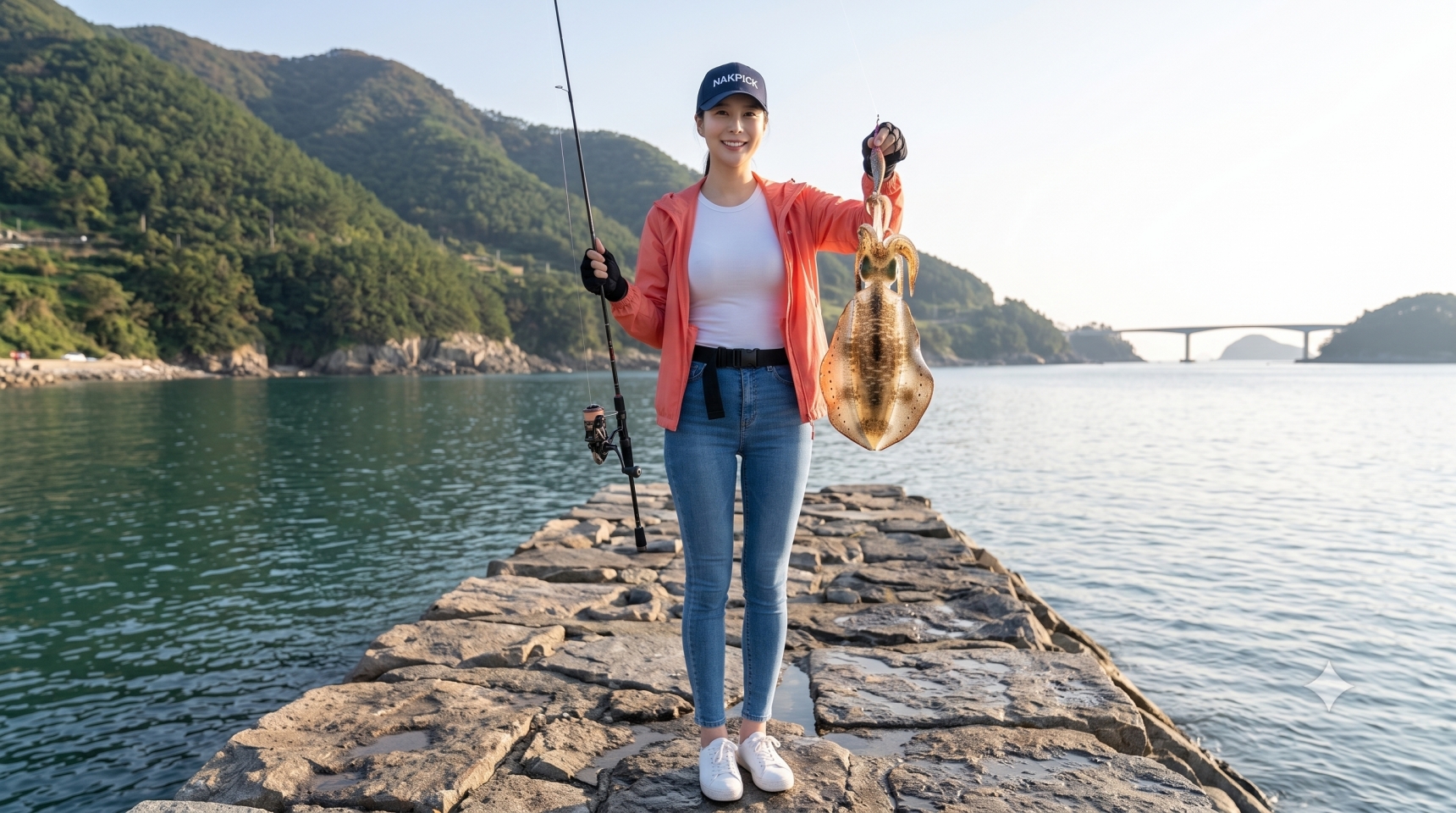 사량도 낚시 대항방파제에서 에깅으로 잡은 무늬오징어를 들어 보이는 낚시꾼