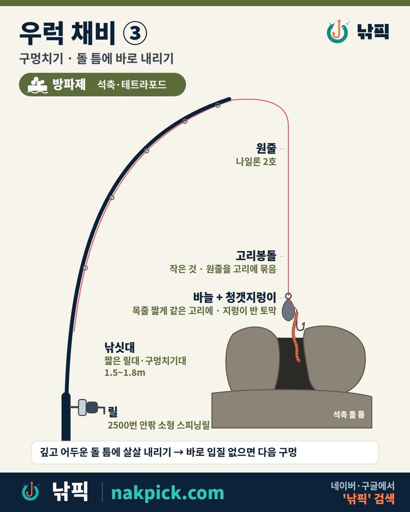우럭 구멍치기 채비 구성도, 석축 돌 틈에 고리봉돌과 청갯지렁이 바늘을 내린 모습