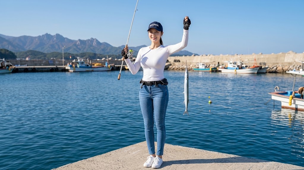 양양 물치항 작은 방파제에서 찌낚시로 학꽁치를 낚아 올리는 모습
