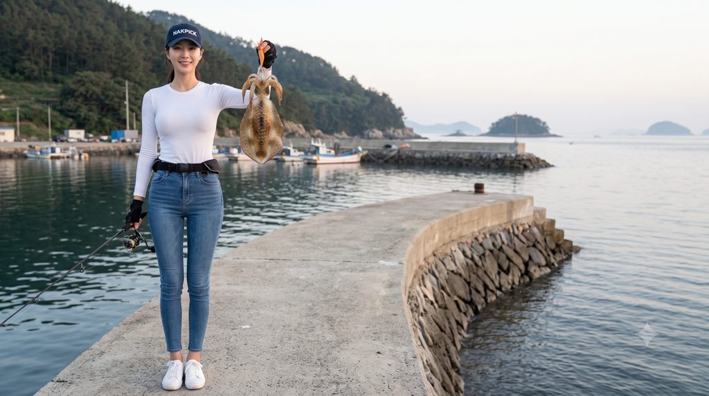 금오도 낚시로 잡은 무늬오징어를 들어 보이는 모습